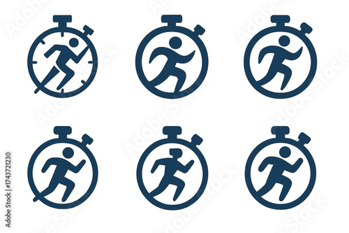 Athletic Stopwatch Logo Variations. High-performance training for athletes. Set Logo of stopwatch: time-focused performance with athletic figure. harmonious