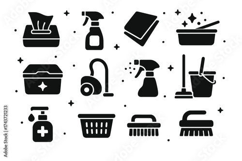 Salon Cleaning Icons. Salon Equipment Cleaning. Solid icons set of Salon Equipment Cleaning: disinfectant wipes, cleaning spray bottle, cleaning cloth,