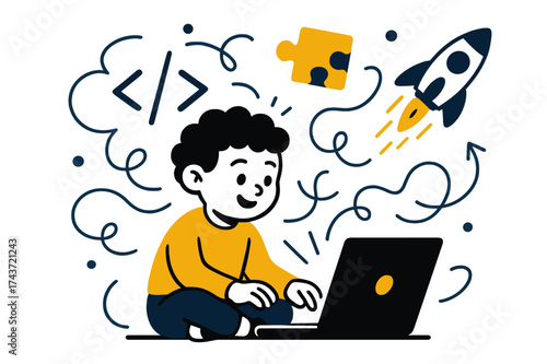 Creative Coding Adventure. Coding for kids. Child sitting with glowing laptop, abstract lines forming playful code symbols around them. Floating puzzle and