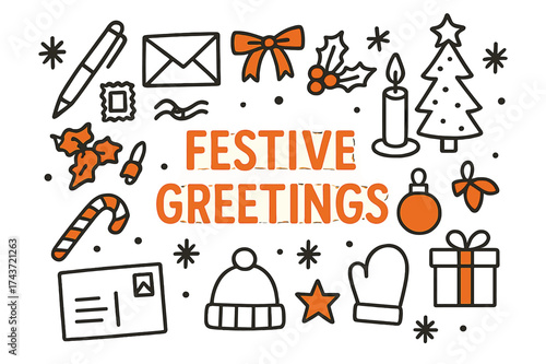 Festive Doodle Card. Festive Greetings. Hand-drawn doodle illustration festive greetings greeting card (accented), pen, envelope (accented), stamp, ribbon,