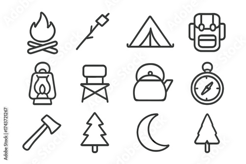 Camping Icon Set. Campfire. Line icon set of Campfire: fire, logs, marshmallow on stick, tent, backpack, lantern, camping chair, kettle, compass, axe, tree,