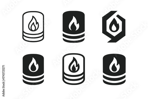 Energy Storage Logos. Thermal energy storage. Set Logo of Energy: heat storage tank icon. harmonious logo variations of the same emblematic concept, each with