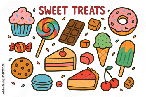 Colorful Sweet Treats. Sweet Treats. Colorful Hand-drawn doodle Children illustration Cupcake, lollipop, chocolate bar, donut, ice cream cone, candy, cake