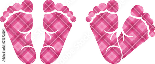 Girl baby feet in pink plaid pattern isolated on white