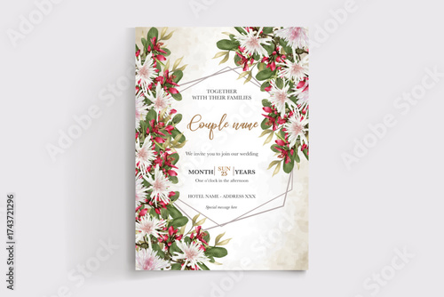 WEDDING INVITATION FRAME WITH FLOWER DECORATIONS AND FRESH LEAVES