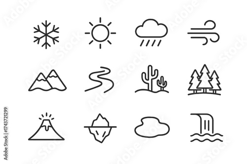 Climate Icon Grid. Climate and geography. Line icon set of climate and geography: snowflake, sun, rain cloud, wind, mountain, river, desert, forest, volcano,