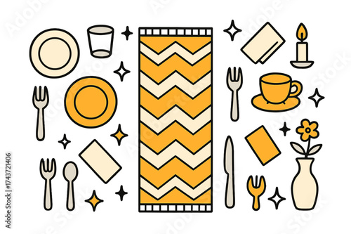 Colorful Dining Doodle. Table Runner. Hand-drawn doodle illustration table runner (colored), dining table, plates (colored), cups, cutlery (colored), napkins,