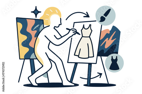 Artful Inspiration in Design. Art's influence on fashion and interior design. Glowing figure sketching clothing beside abstract paintings. Floating icons of