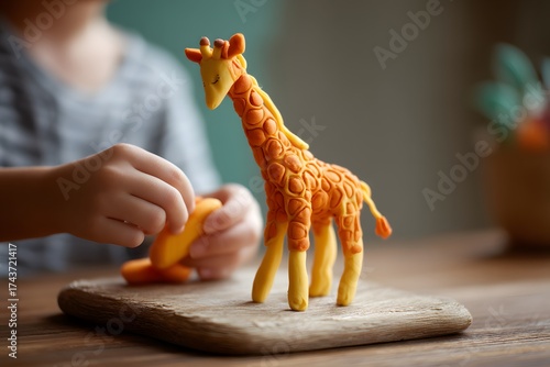 Child is playing with a giraffe made of clay. The giraffe is sitting on a wooden board, and the child is holding a piece of orange food. Concept of playfulness and creativity