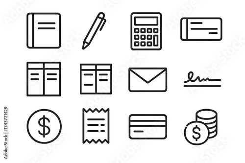 Accounting Tools Icons. Accounting tools. Line icon set of Accounting tools: ledger, pen, calculator, checkbook, transaction sheet, balance sheet, envelope,