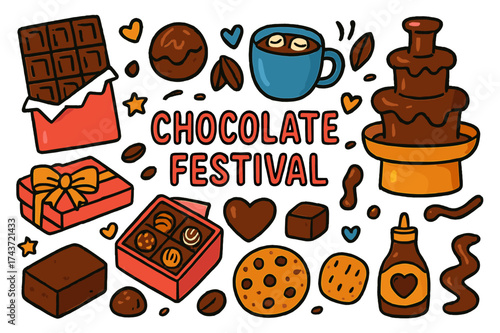 Chocolate Festival Fun. Chocolate Festival. Colorful Hand-drawn doodle Children illustration Chocolate Festival chocolate bar, truffle, hot chocolate mug,