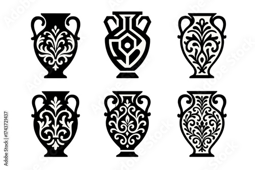 Maximalist Logo Variations. Maximalist Aesthetics. Set Logo of Maximalist Aesthetics: ornate vase. harmonious logo variations of the same emblematic concept,