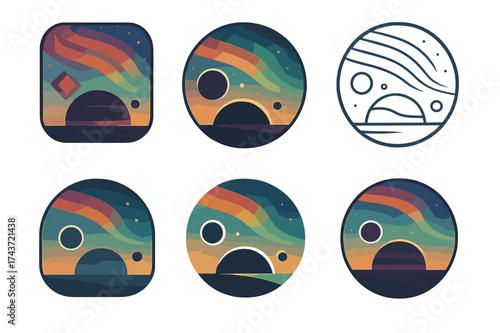 Planetary Logo Variations. A planet with multiple moons and colorful skies. Set Logo of A planet with multiple moons and colorful skies: Vibrant aurora over