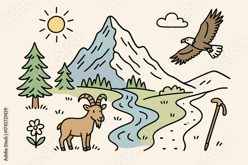 Alpine Cartoon Scene. Alpine Scenery. Hand-drawn doodle illustration snowy peak (colored), pine tree, river (colored), goat, eagle (colored), flower, hiking