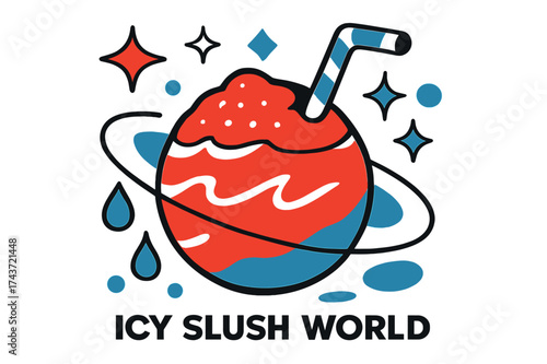 Icy Slush Planet. Icy Slush World. A giant stylized planet made of slush with a straw sticking out, abstract glowing stars and droplets orbiting it playfully.