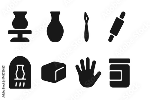 Clay Pottery Icons. Clay and Pottery. Filled icon set of Clay and Pottery: pottery wheel, clay vase, sculpting