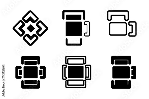 Logos on Rug Grid. Placing a rug in the center of the room. Set Logo of Interior design: living room top view with rug. harmonious logo variations of the same