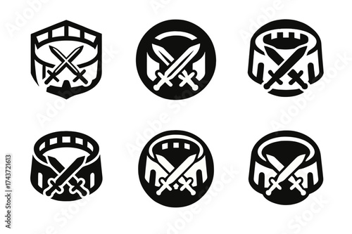 Battle Arena Logos. Game tournaments. Set Logo of battle arena: circular arena with crossed swords. harmonious logo variations of the same emblematic concept,