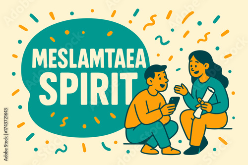 Meslamtaea Spirit Banner. Meslamtaea Spirit banner, flat vector illustration, bold oversized text inside rounded blob, cartoon characters sitting and chatting,