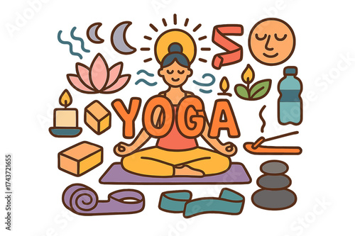 Yoga Doodle Art. Yoga. Hand-drawn doodle illustration of Yoga. Meditation pose, yoga mat, lotus flower, candle