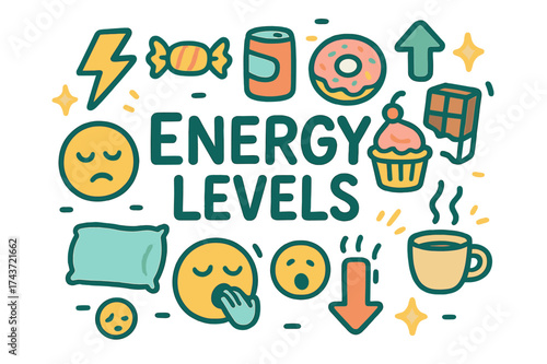Doodle Energy Icons. Energy Levels. Hand-drawn doodle illustration of Energy Levels. Lightning bolt, candy,
