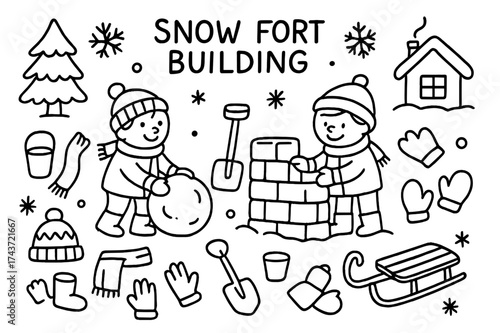 Snow Fort Fun. Snow Fort Building. Hand-drawn doodle illustration Snow Fort Building snowball, wall, shovel, bucket, gloves, hat, scarf, boots, tree,