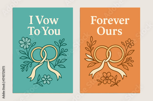 Wedding Vows Banners. Vows. Two vertical A6 banners, minimal, turquoise and orange backgrounds, interlocking rings on a soft ribbon with floral accents, first
