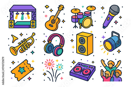 Music Festival Icons. Music Festival. Colorful isometric vector icons set of music festival: stage, guitar, drum set, microphone, trumpet, headphones, speaker,