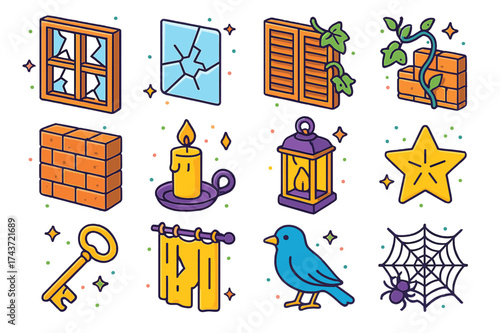 Colorful Abandoned Window Icons. Abandoned Window. Colorful isometric vector icons set of abandoned window: broken frame, shattered glass, shutters, ivy vine,