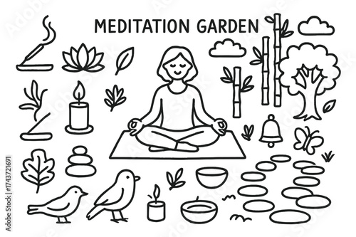 Zen Meditation Doodle. Meditation Garden. Hand-drawn doodle illustration Meditation Garden lotus pose, incense, lotus flower, bamboo, candle, tree, leaf,