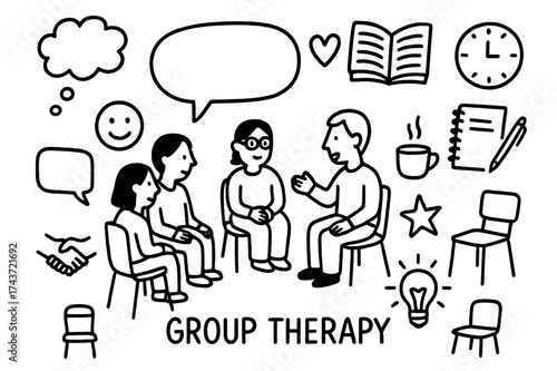 Group Therapy Symbols. Group therapy. Hand-drawn doodle illustration group therapy people sitting in circle, speech bubble, heart, book, clock, notebook, pen,