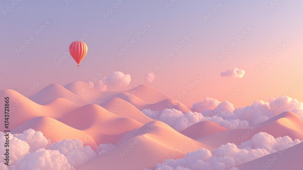 Obraz premium Dreamy hot air balloon drifts over pastel desert dunes at sunrise, inspiring wanderlust and adventure in a serene, surreal landscape