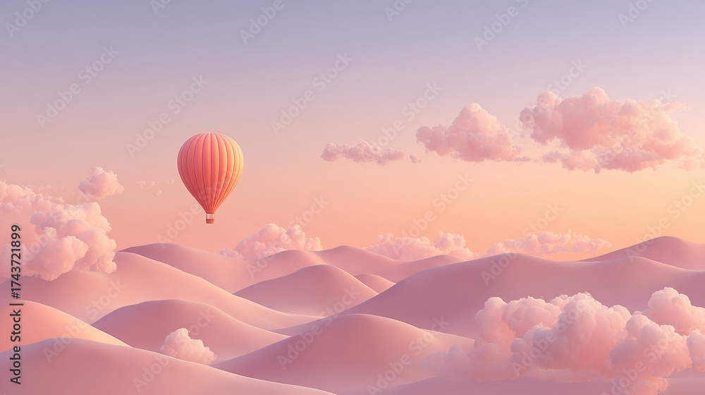 Obraz premium Dreamy hot air balloon floats serenely over surreal pastel pink dreamscape with soft clouds at sunrise
