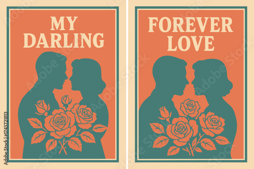 Retro Love Banners. Togetherness. Two vertical A6 banners with safe margins, centered composition, no elements touching edges, retro style, coral and teal,