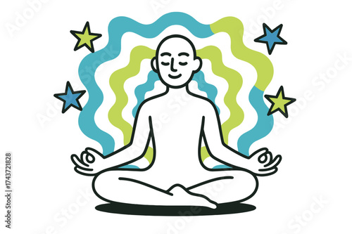 Geometric Inner Harmony. Inner harmony. A figure sitting in lotus pose with glowing abstract waves radiating