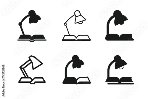 Library Logo Designs. Studying in Libraries. Set Logo of Studying in Libraries: stylized lamp and book icon. harmonious logo variations of the same emblematic