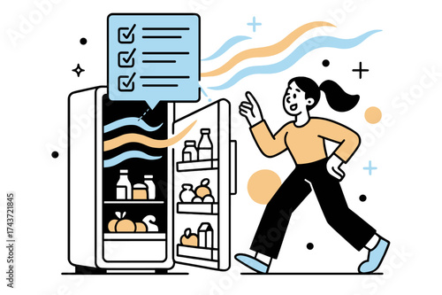 Futuristic Fridge Display. Smart home devices. Futuristic fridge opening with holographic grocery list