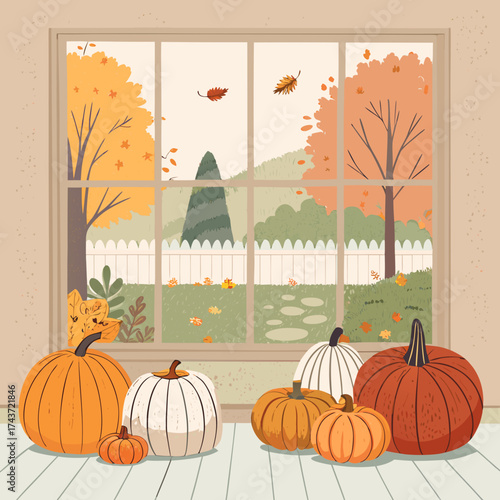 Cozy Kitchen Window View with Pumpkins and Autumn Leaves Decoration