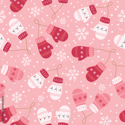 Seamless vector pattern hand drawn with winter mittens in shades of pink, red, and white, snowflakes for holiday greeting cards, gift wrap, textiles.
