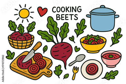 Colorful Beet Cooking Illustration. Cooking Beets. Colorful Hand-drawn doodle Children illustration beetroot, sliced beet, knife, cutting board, salad bowl,
