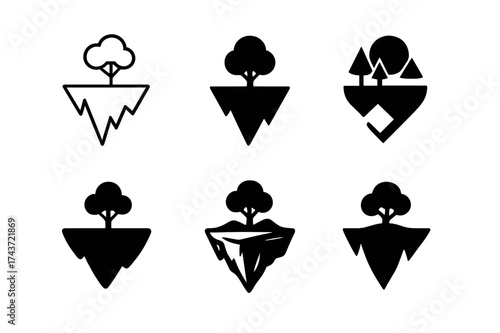 Fantasy Realm Logos. Fictional world. Set Logo of Fantasy realm: floating island. harmonious logo variations of the same emblematic concept, each