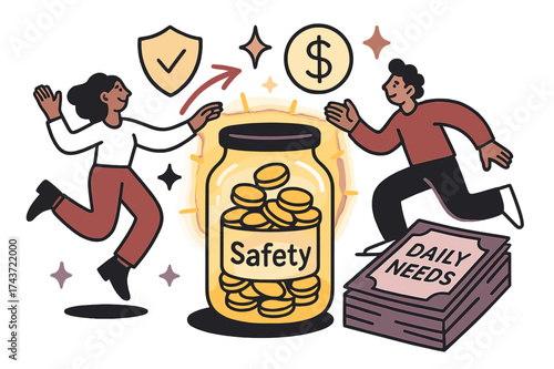 Emergency Savings Visualization. Emergency fund. Glowing jar labeled ?Safety? filled with coins beside bills for daily needs. Floating icons of shield, dollar,