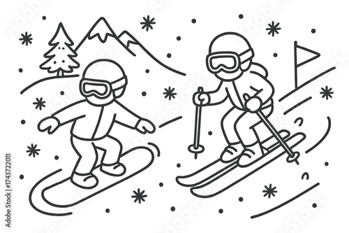 Snowy Mountain Adventure. Skiing or Snowboarding Down a Snowy Mountain Slope. Hand-drawn doodle illustration skiing or snowboarding down a snowy mountain slope
