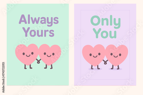 Kawaii Heart Banners. Always Yours. Two vertical A6 banners with safe margins, centered composition, no elements touching edges, kawaii style, pastel mint and