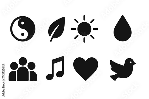 Harmony Icon Set. Harmony. Filled icon set of Harmony: yin yang, leaf, sun, water droplet, group circle,