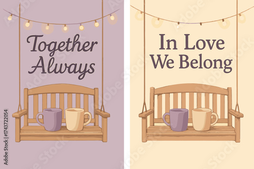 Pastel Porch Swing. Togetherness. Two vertical A6 banners, pastel, lavender and cream backgrounds, porch swing with two mugs and fairy lights, first banner