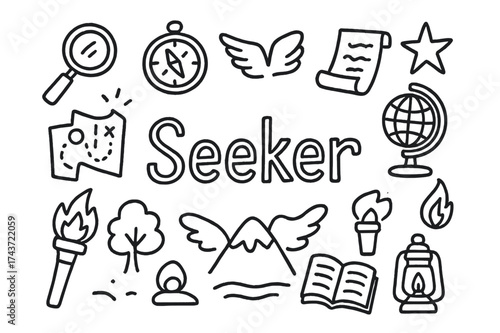 Seeker's Doodle Elements. Seeker. Hand-drawn doodle illustration of Seeker. magnifying glass, compass, scroll,