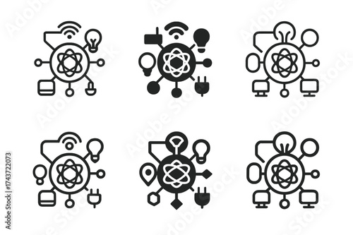 Quantum Tech Logos Grid. Quantum computing in everyday technology. Set Logo of Quantum computing in everyday technology: Quantum-enabled IoT hub. harmonious