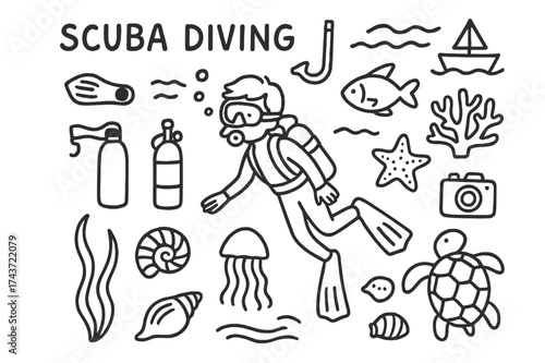 Scuba Diving Doodles. Scuba diving. Hand-drawn doodle illustration scuba diving diver, snorkel, flippers, oxygen tank, fish, coral, boat, starfish, camera,