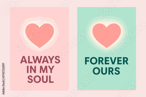 Radiant Heart Banners. Romance. Two vertical A6 banners with safe margins, centered composition, no elements touching edges, flat vector design, pastel pink